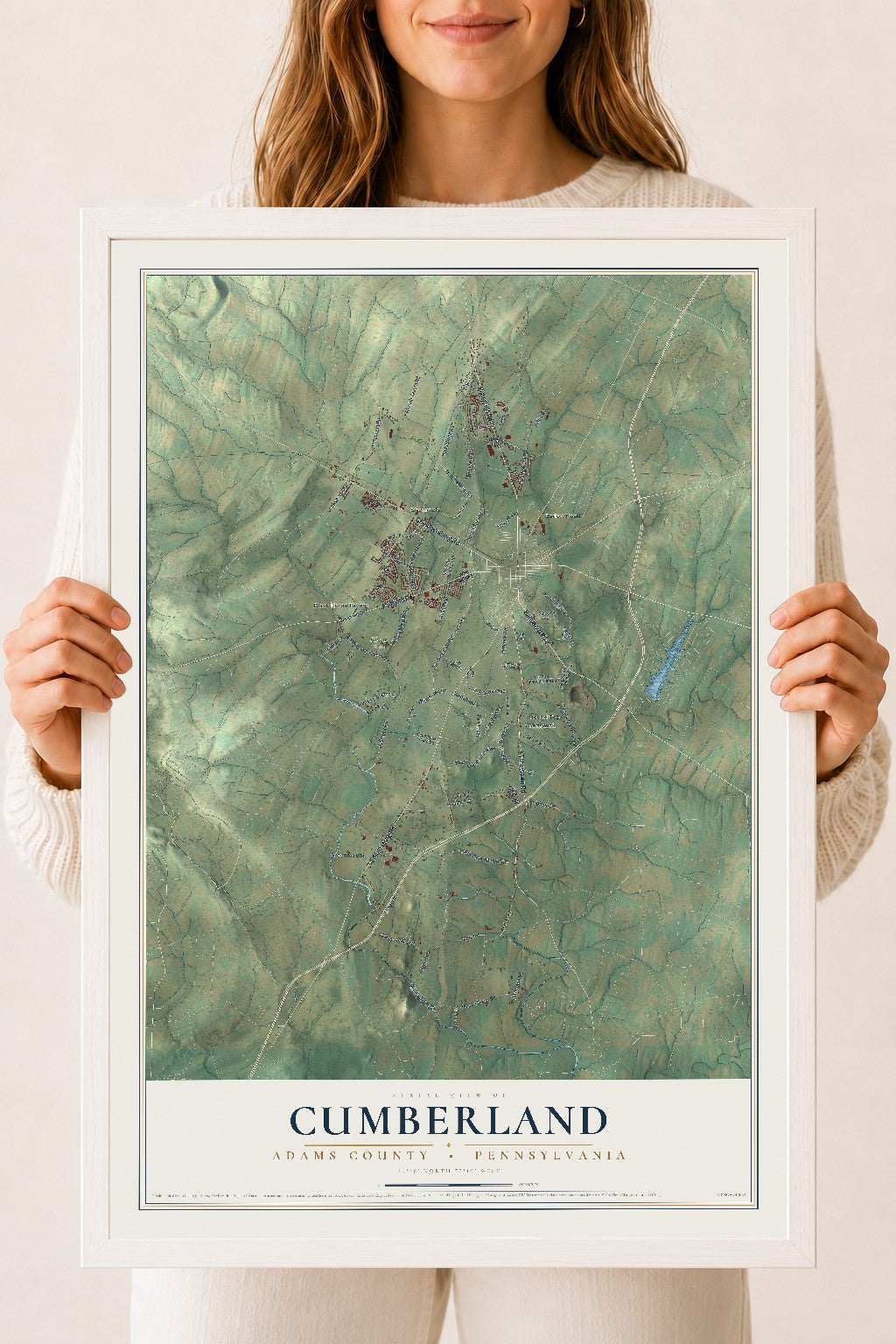 Map of Cumberland, Adams County, Pennsylvania, 18 x 24 inch print in a white wood frame
