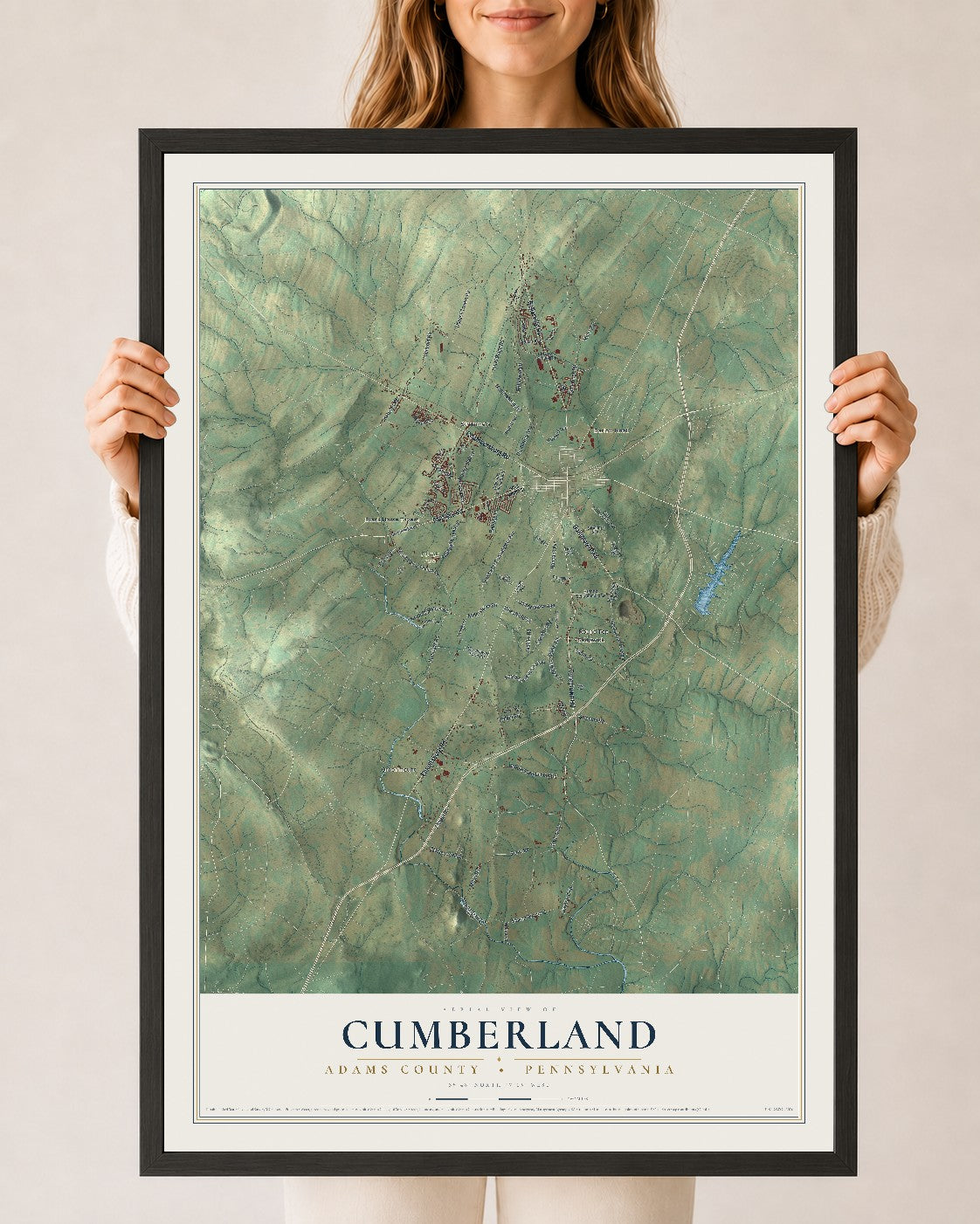Map of Cumberland, Adams County, Pennsylvania, 24 x 36 inch print in a black wood frame
