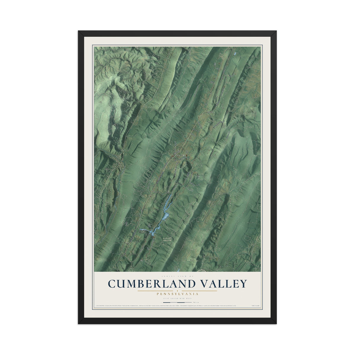 Map of Cumberland Valley, Pennsylvania, 12 x 18 inch print in a black wood frame