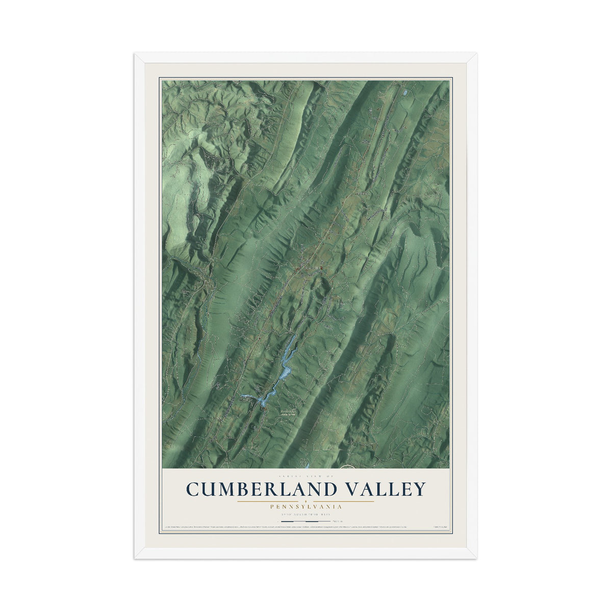 Map of Cumberland Valley, Pennsylvania, 12 x 18 inch print in a white wood frame