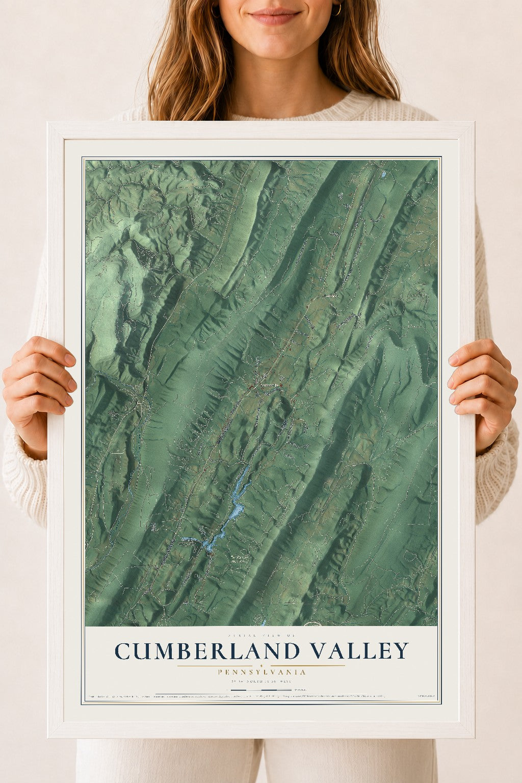 Map of Cumberland Valley, Pennsylvania, 18 x 24 inch print in a white wood frame