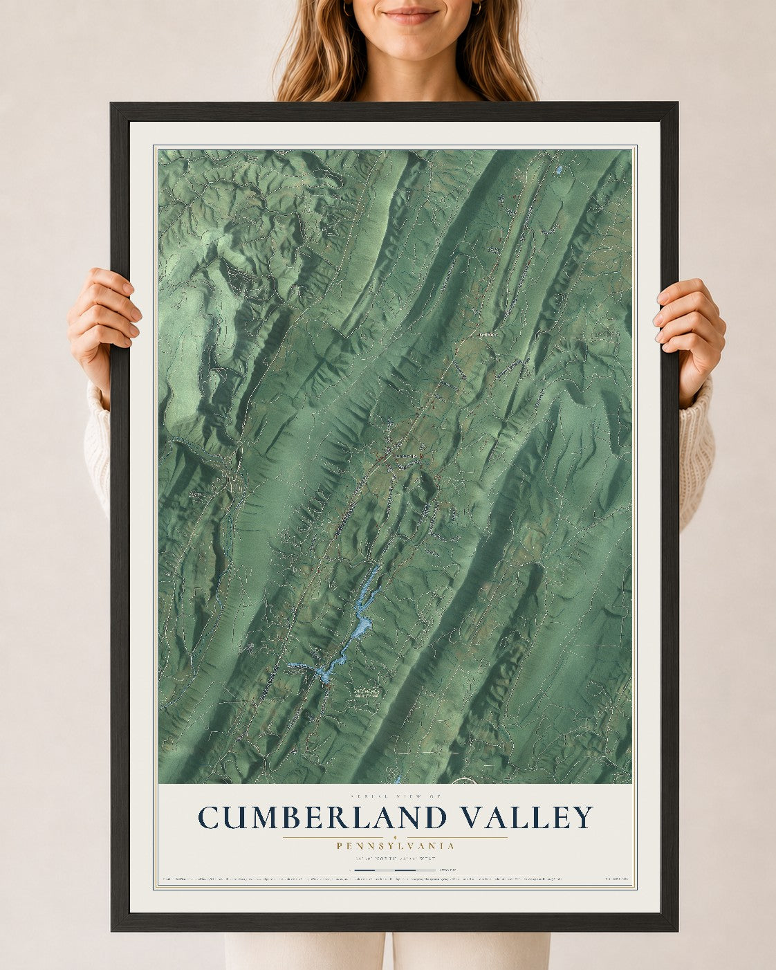 Map of Cumberland Valley, Pennsylvania, 24 x 36 inch print in a black wood frame