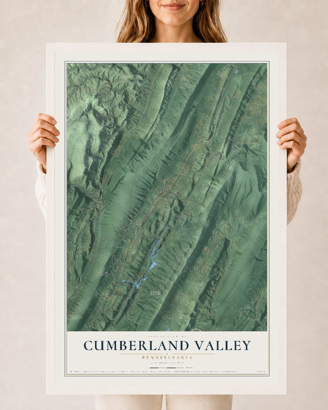 Map of Cumberland Valley, Pennsylvania, 24 x 36 inch print in a white wood frame