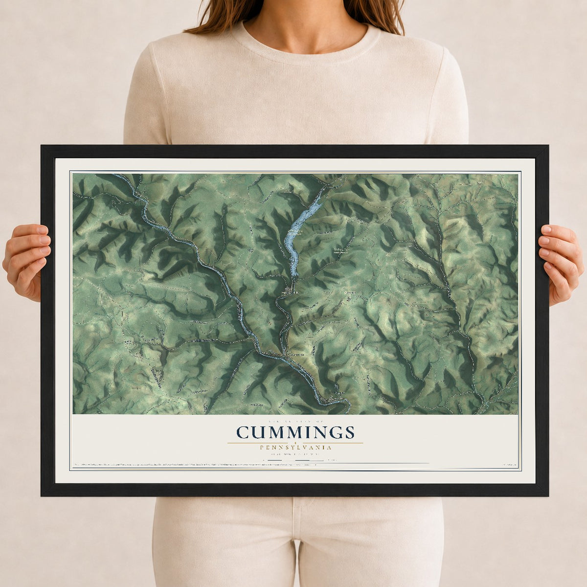 Map of Cummings, Pennsylvania, 12 x 18 inch print in a black wood frame