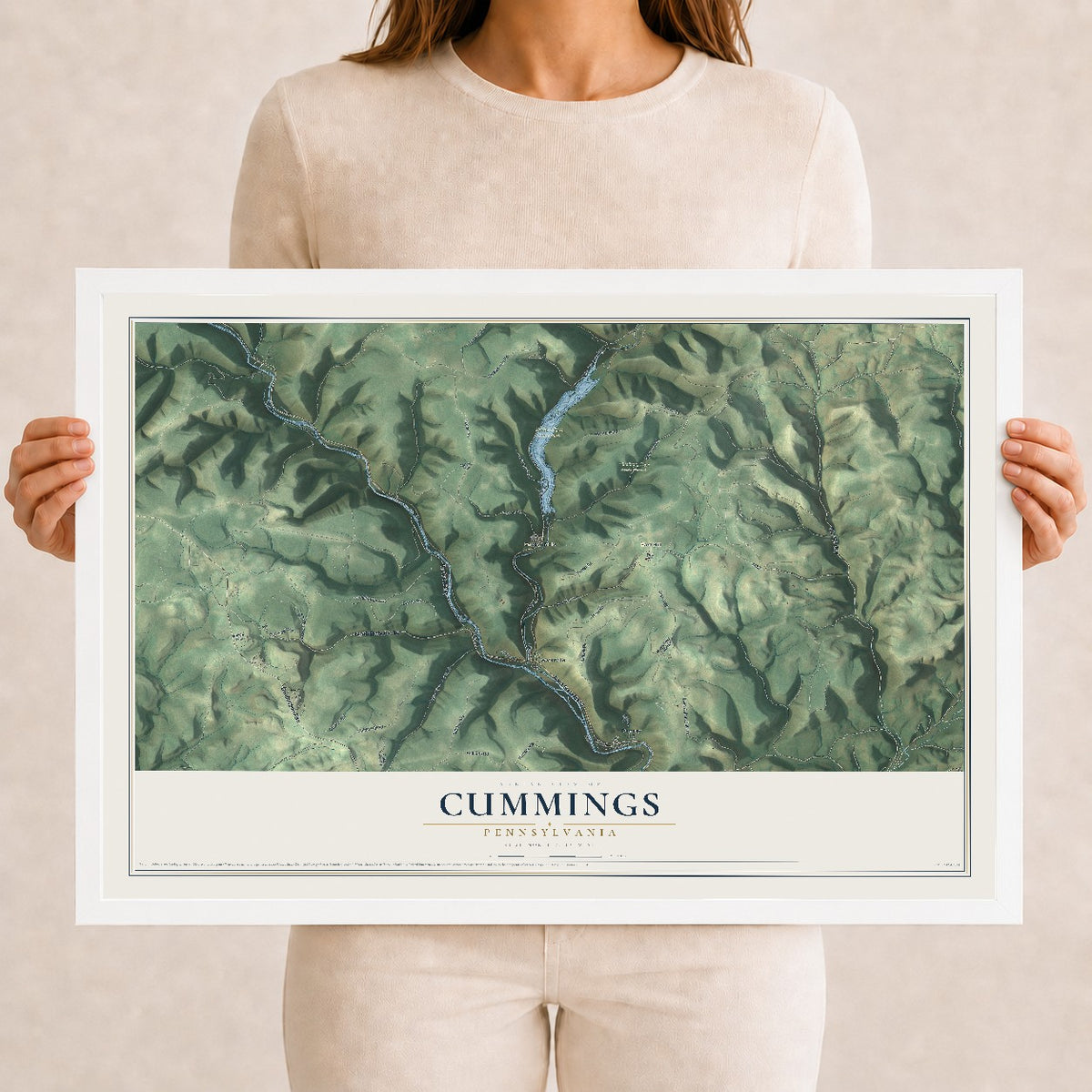 Map of Cummings, Pennsylvania, 12 x 18 inch print in a white wood frame