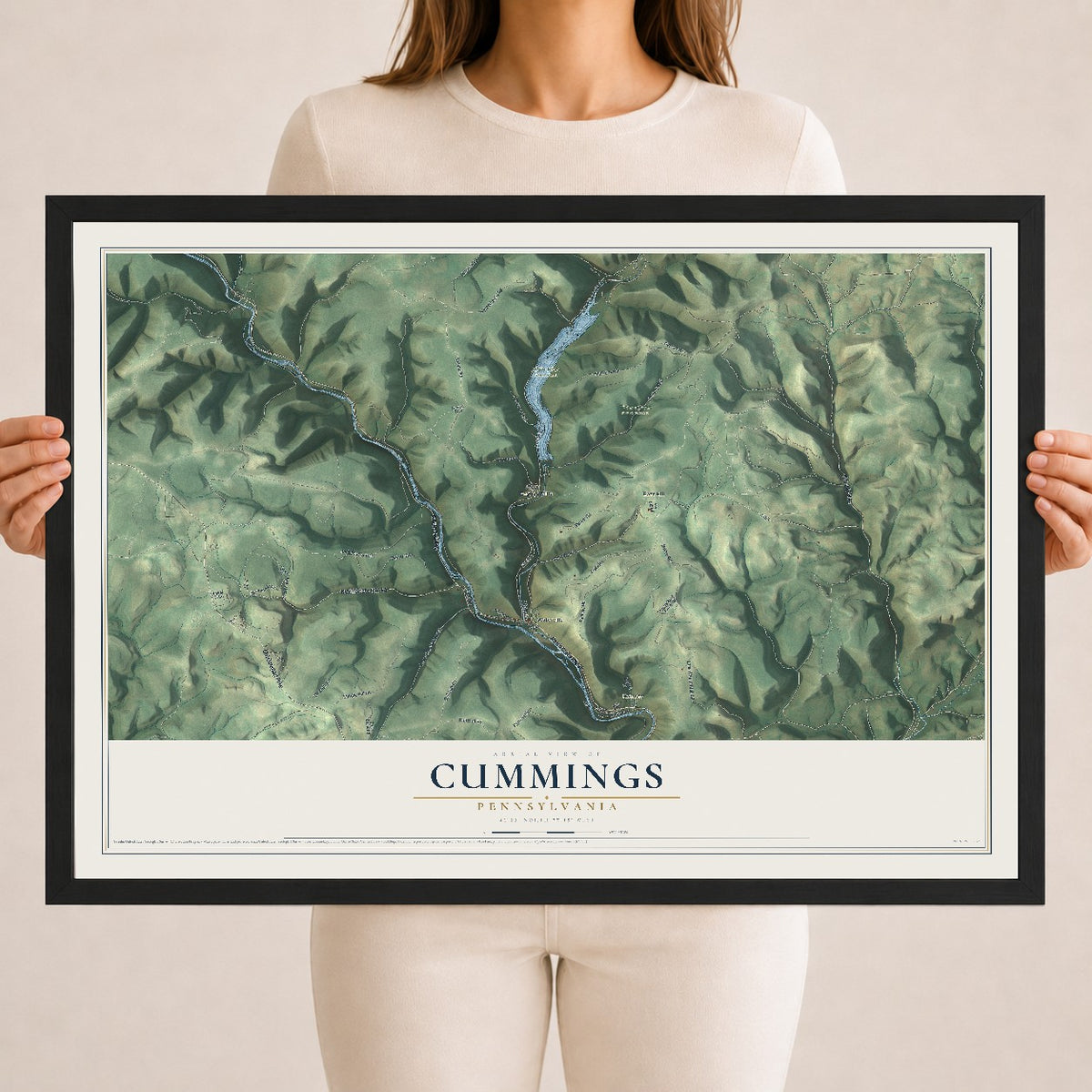 Map of Cummings, Pennsylvania, 18 x 24 inch print in a black wood frame