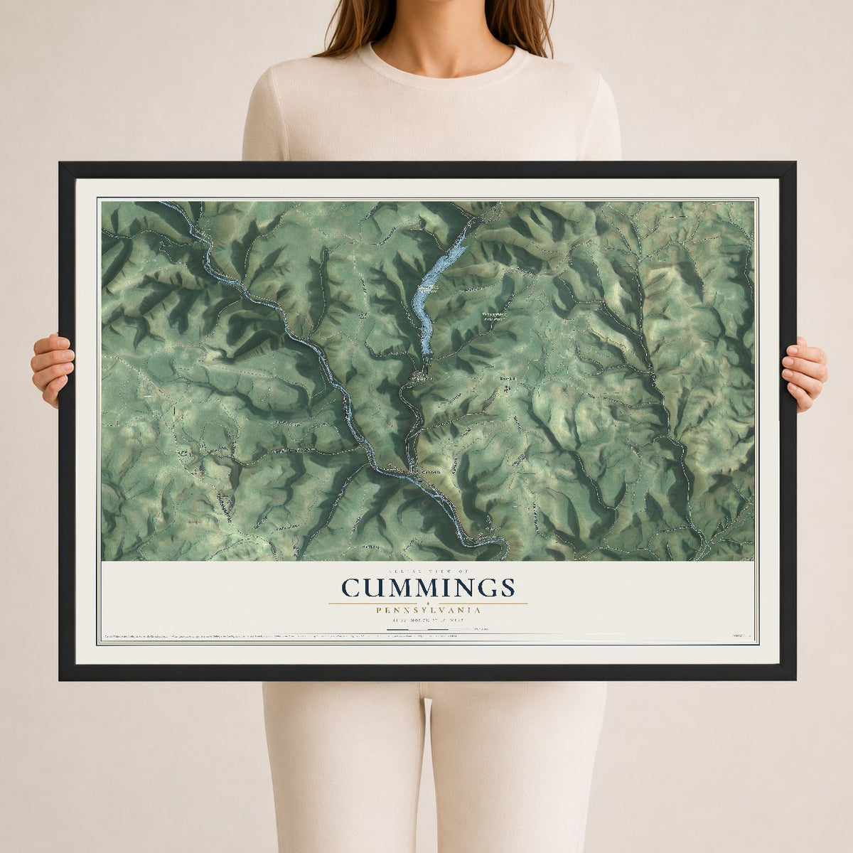 Map of Cummings, Pennsylvania, 24 x 36 inch print in a black wood frame