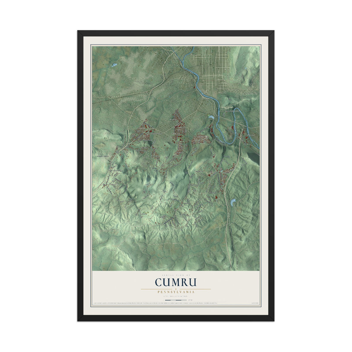 Map of Cumru, Pennsylvania, 12 x 18 inch print in a black wood frame