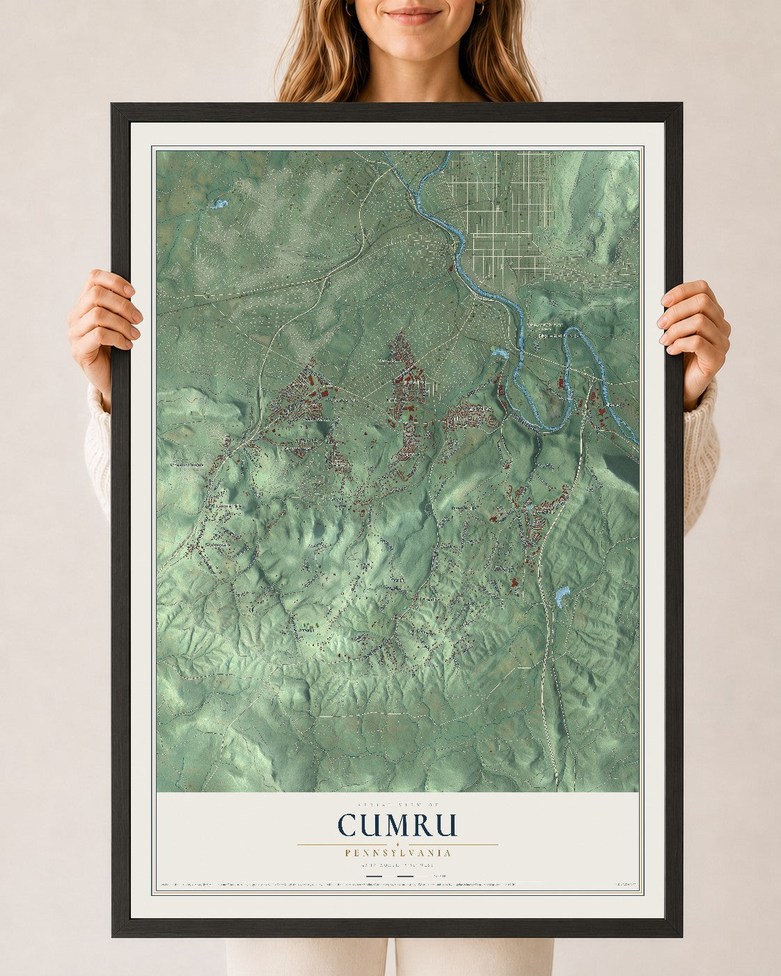 Map of Cumru, Pennsylvania, 24 x 36 inch print in a black wood frame