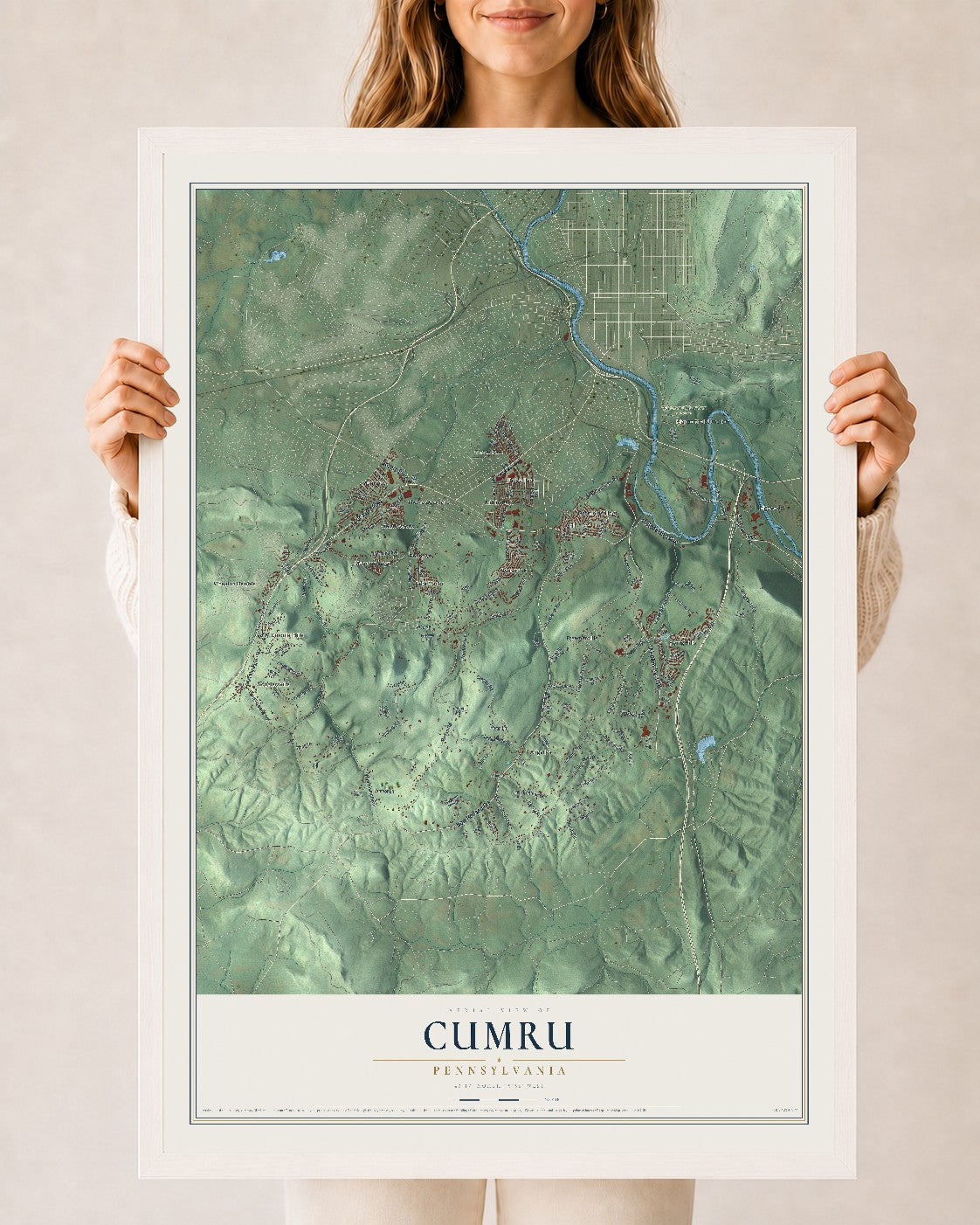 Map of Cumru, Pennsylvania, 24 x 36 inch print in a white wood frame