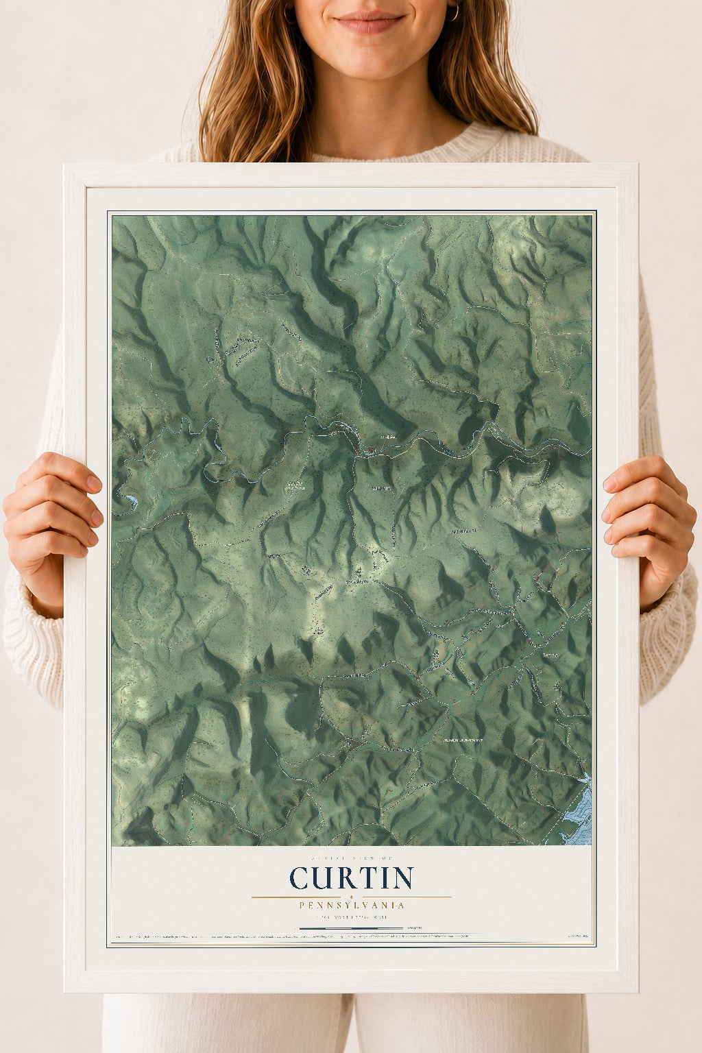 Map of Curtin, Pennsylvania, 18 x 24 inch print in a white wood frame