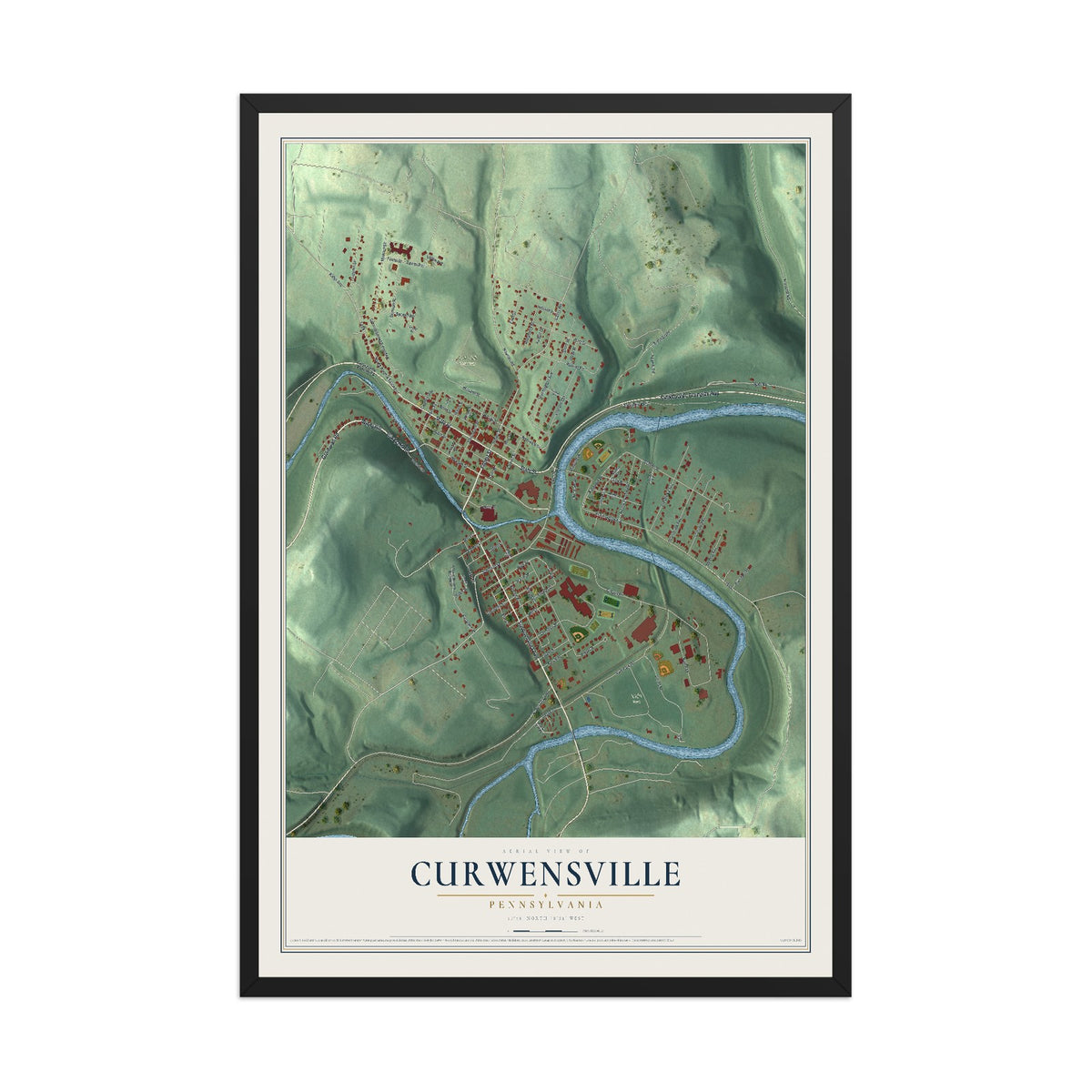 Map of Curwensville, Pennsylvania, 12 x 18 inch print in a black wood frame