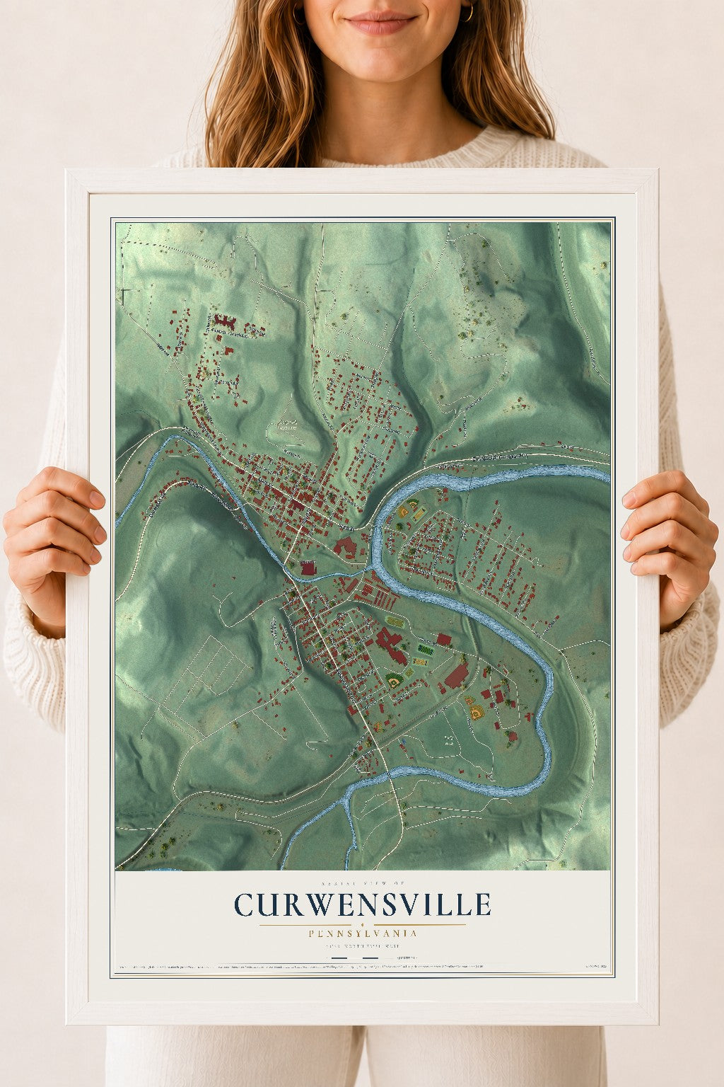 Map of Curwensville, Pennsylvania, 18 x 24 inch print in a white wood frame