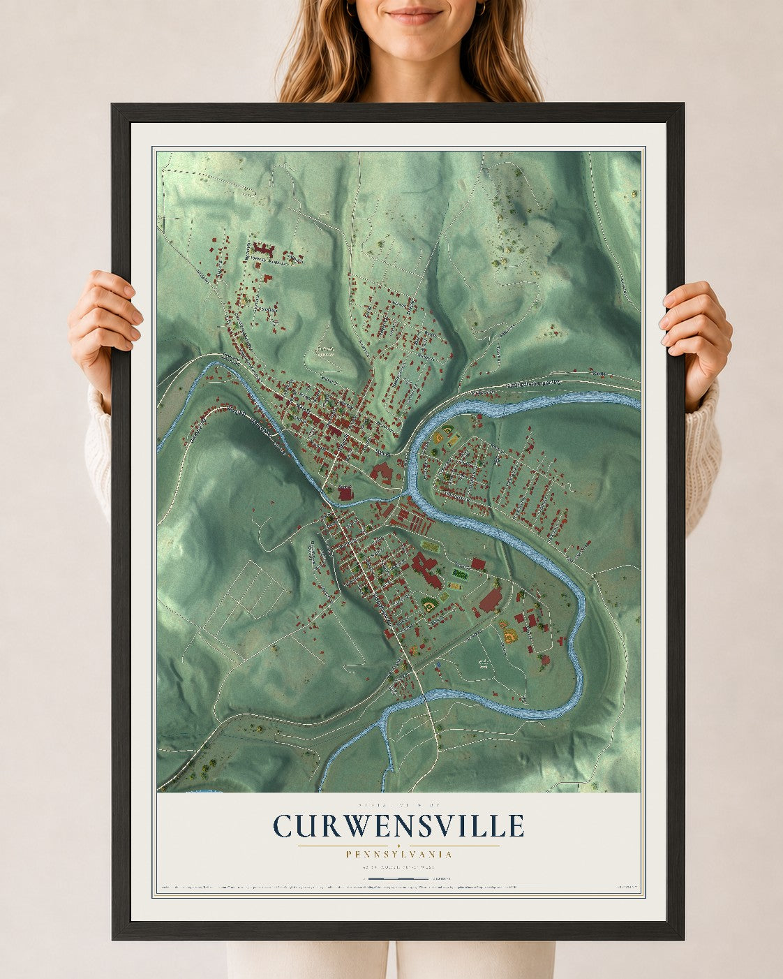 Map of Curwensville, Pennsylvania, 24 x 36 inch print in a black wood frame