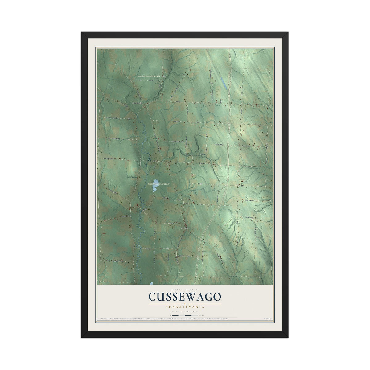 Map of Cussewago, Pennsylvania, 12 x 18 inch print in a black wood frame