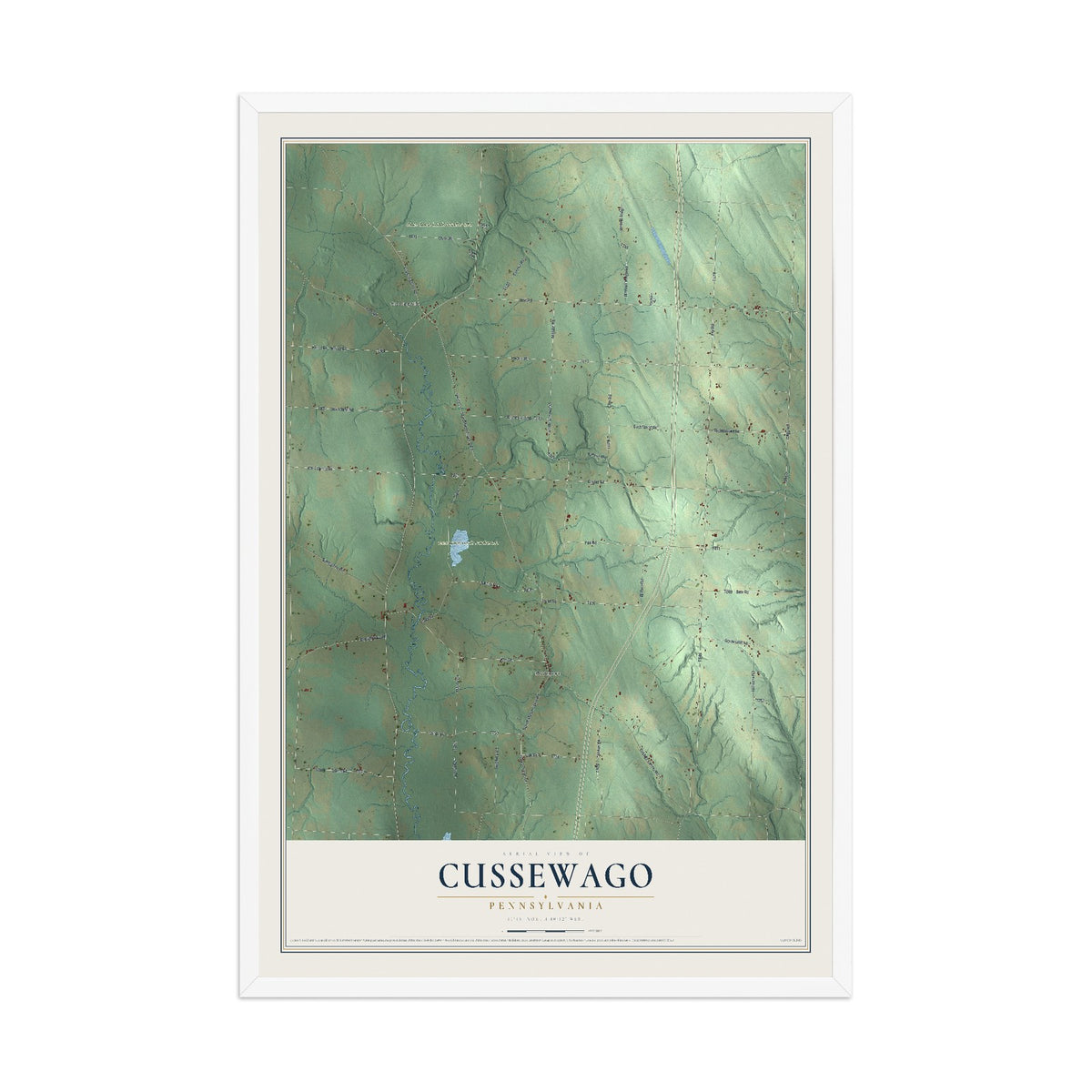 Map of Cussewago, Pennsylvania, 12 x 18 inch print in a white wood frame