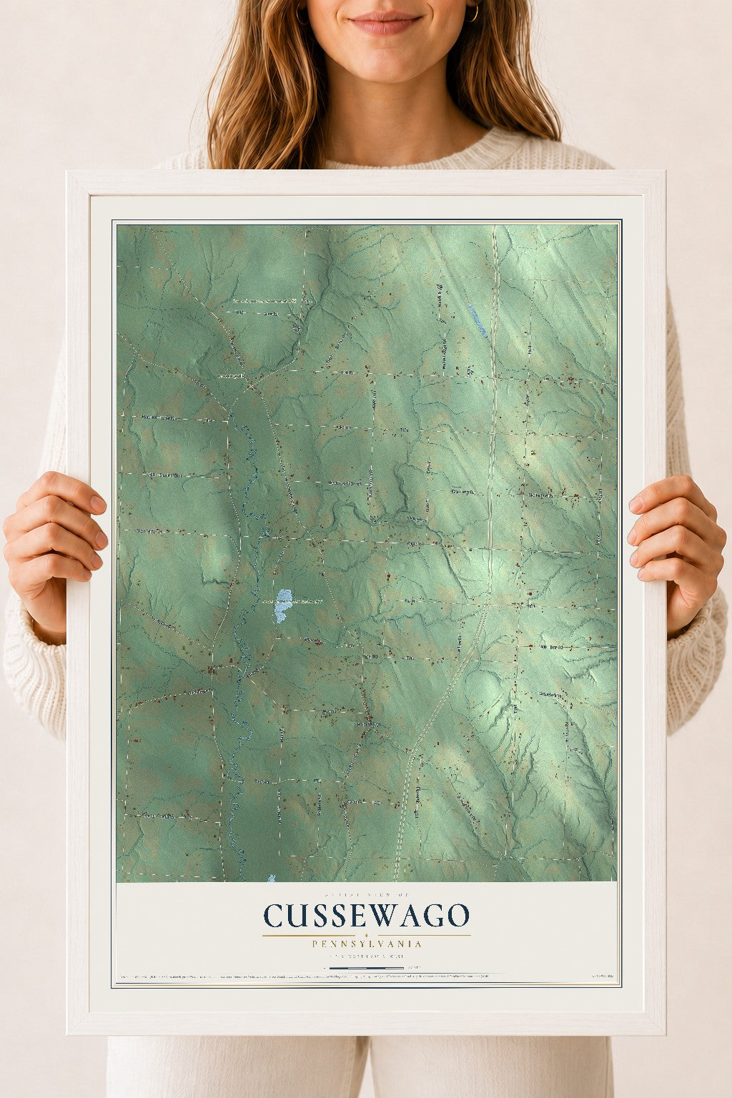 Map of Cussewago, Pennsylvania, 18 x 24 inch print in a white wood frame