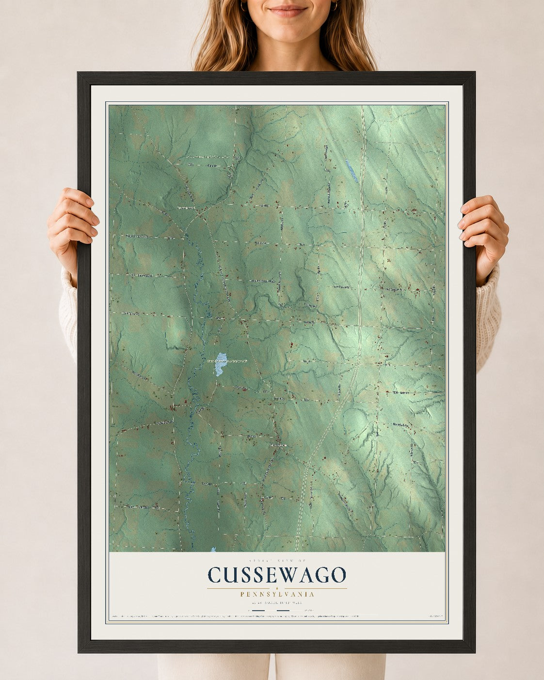Map of Cussewago, Pennsylvania, 24 x 36 inch print in a black wood frame