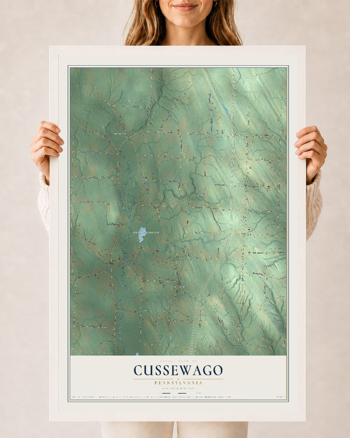 Map of Cussewago, Pennsylvania, 24 x 36 inch print in a white wood frame