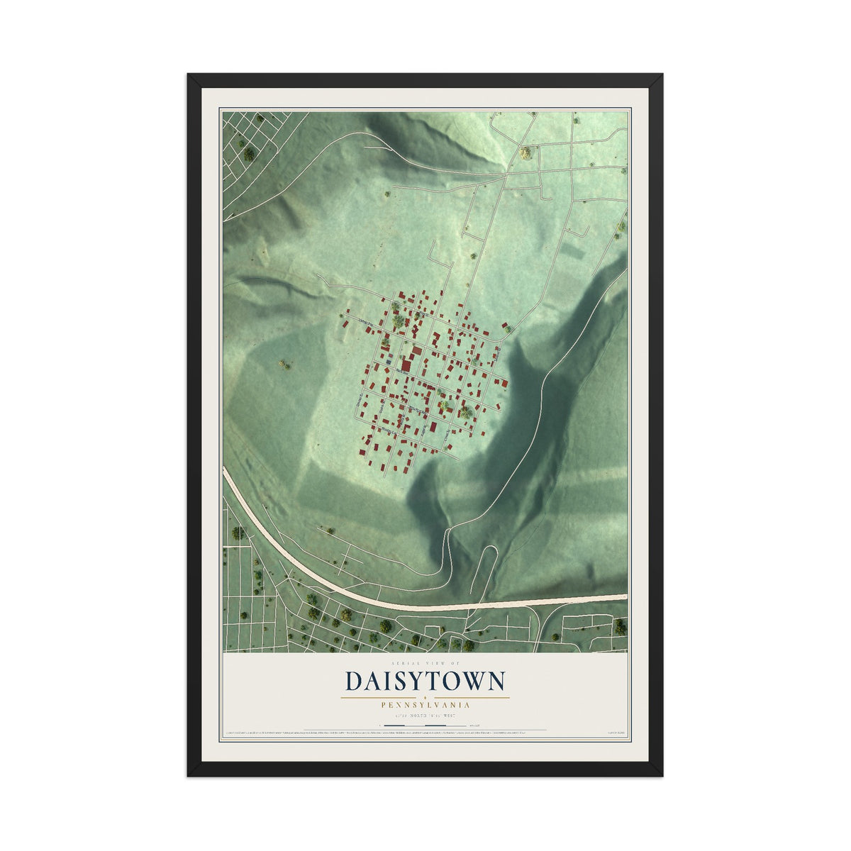 Map of Daisytown, Pennsylvania, 12 x 18 inch print in a black wood frame
