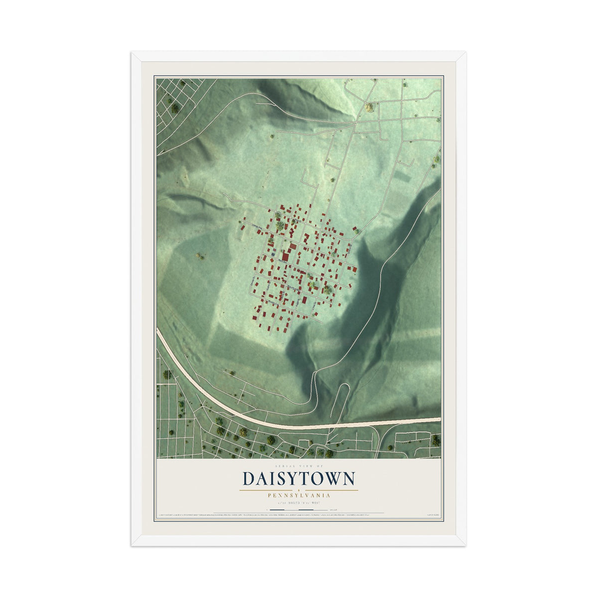 Map of Daisytown, Pennsylvania, 12 x 18 inch print in a white wood frame