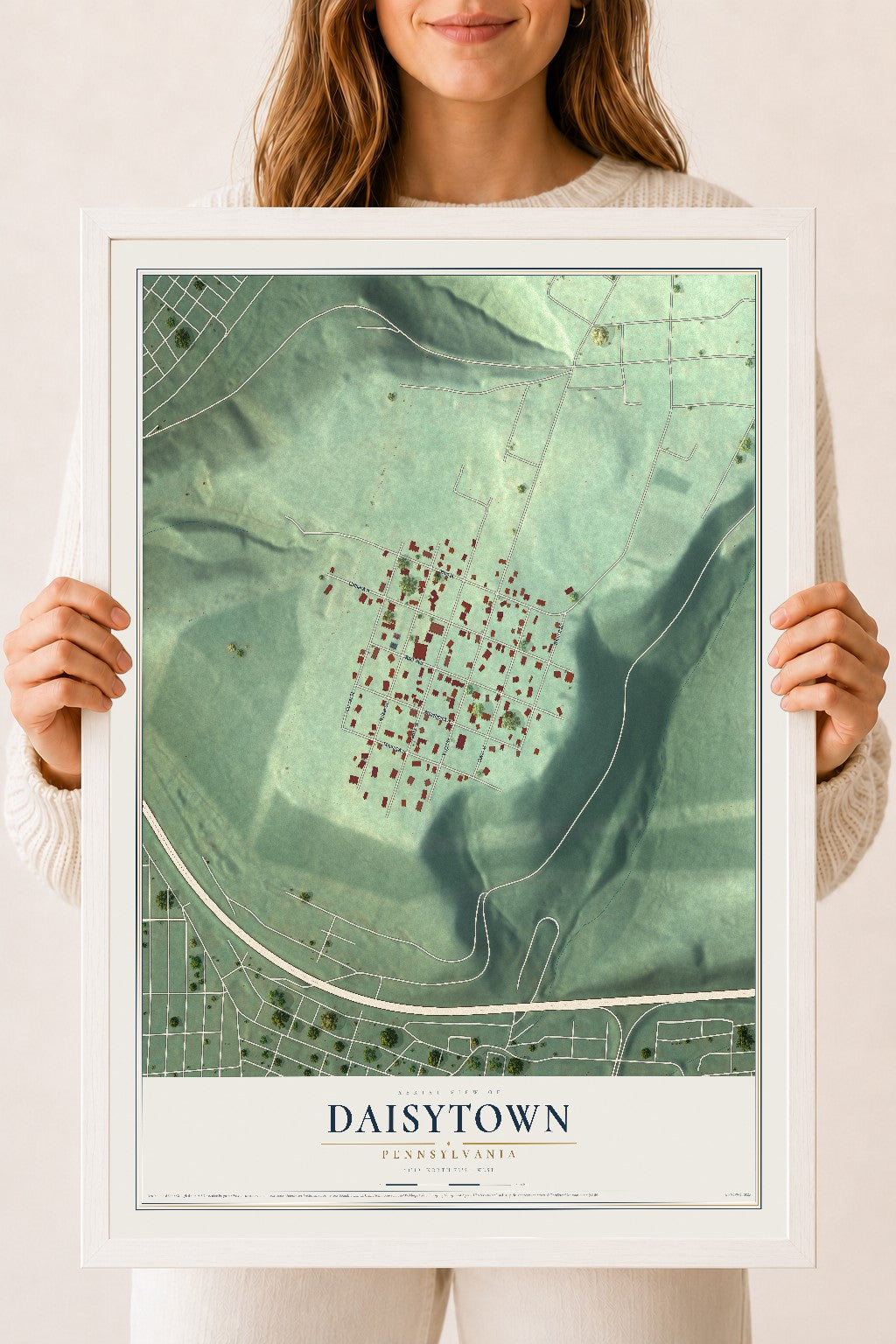 Map of Daisytown, Pennsylvania, 18 x 24 inch print in a white wood frame