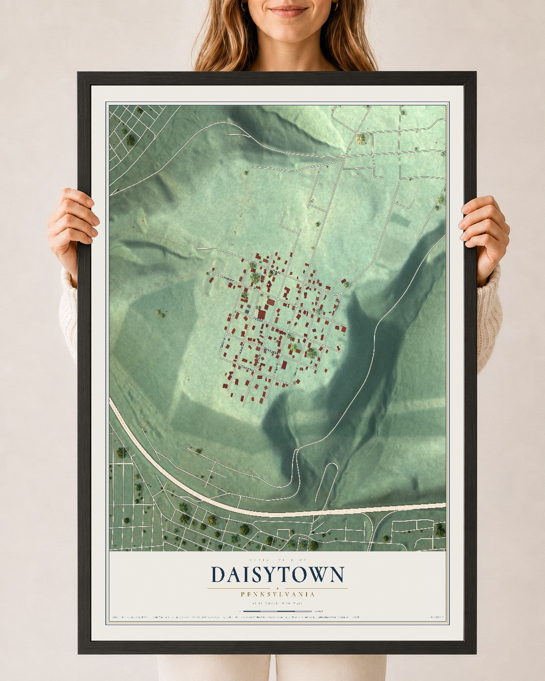 Map of Daisytown, Pennsylvania, 24 x 36 inch print in a black wood frame