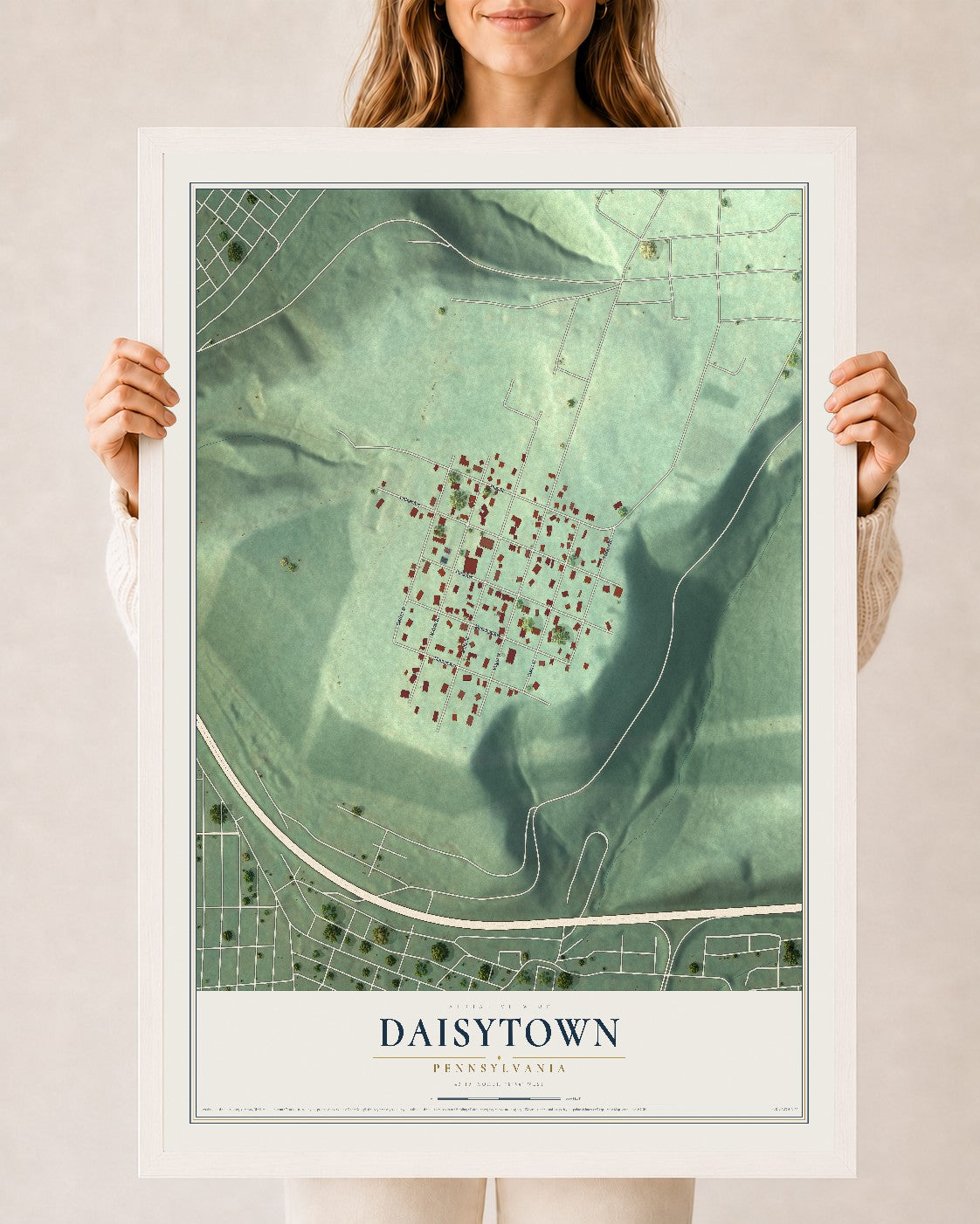 Map of Daisytown, Pennsylvania, 24 x 36 inch print in a white wood frame