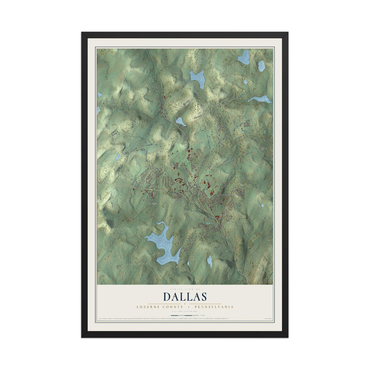 Map of Dallas, Luzerne County, Pennsylvania, 12 x 18 inch print in a black wood frame