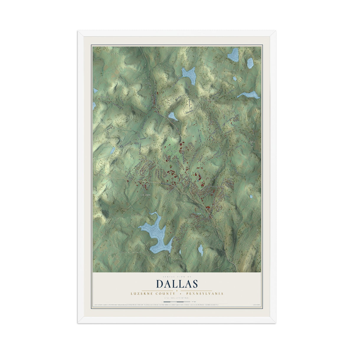 Map of Dallas, Luzerne County, Pennsylvania, 12 x 18 inch print in a white wood frame