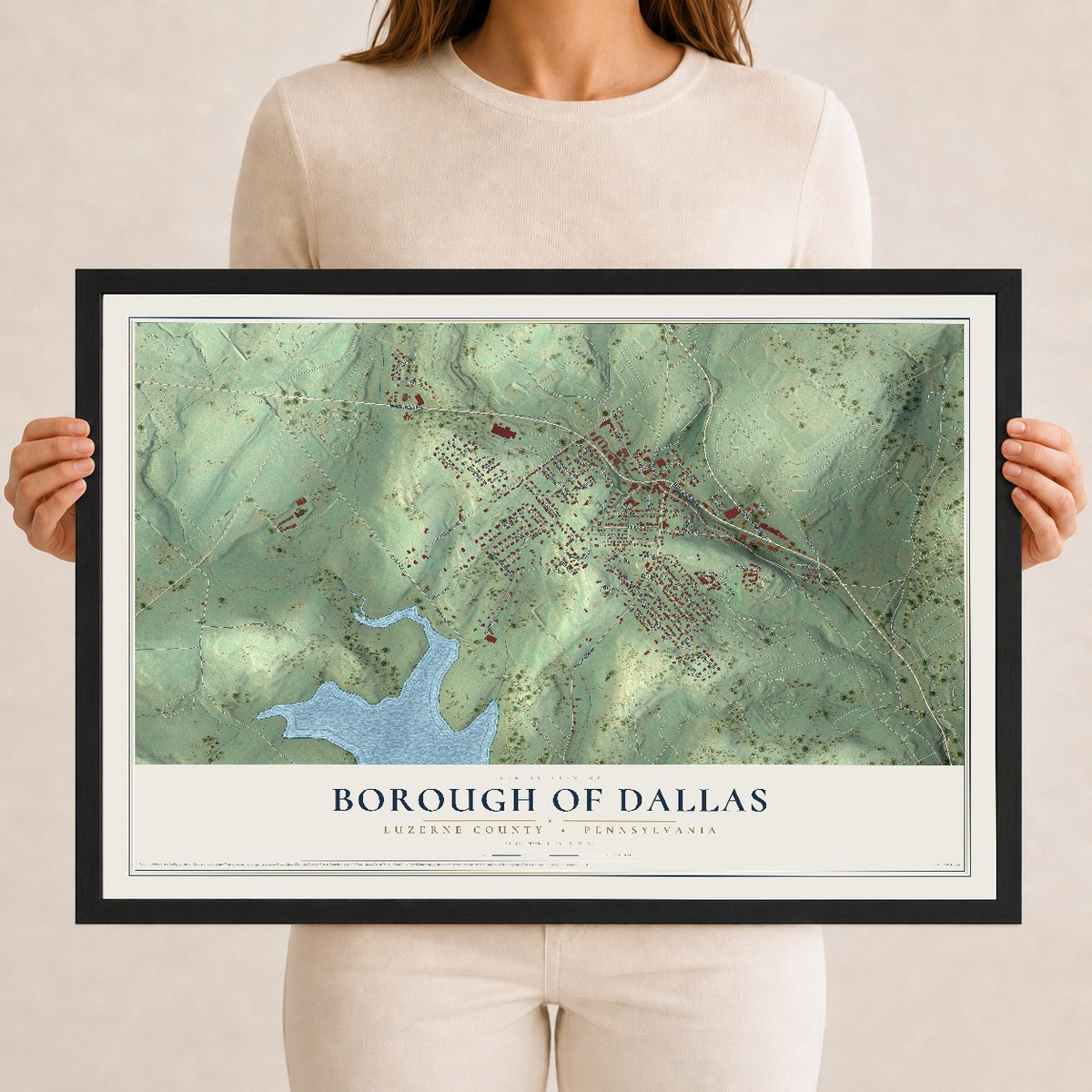 Map of the Borough of Dallas, Luzerne County, Pennsylvania, 12 x 18 inch print in a black wood frame