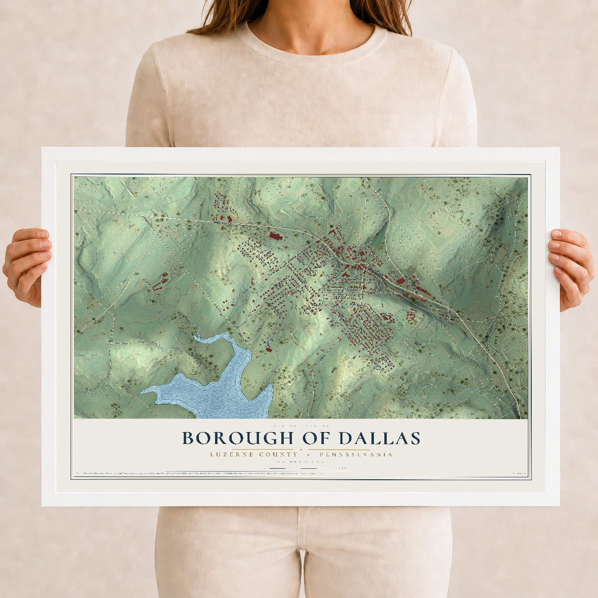 Map of the Borough of Dallas, Luzerne County, Pennsylvania, 12 x 18 inch print in a white wood frame