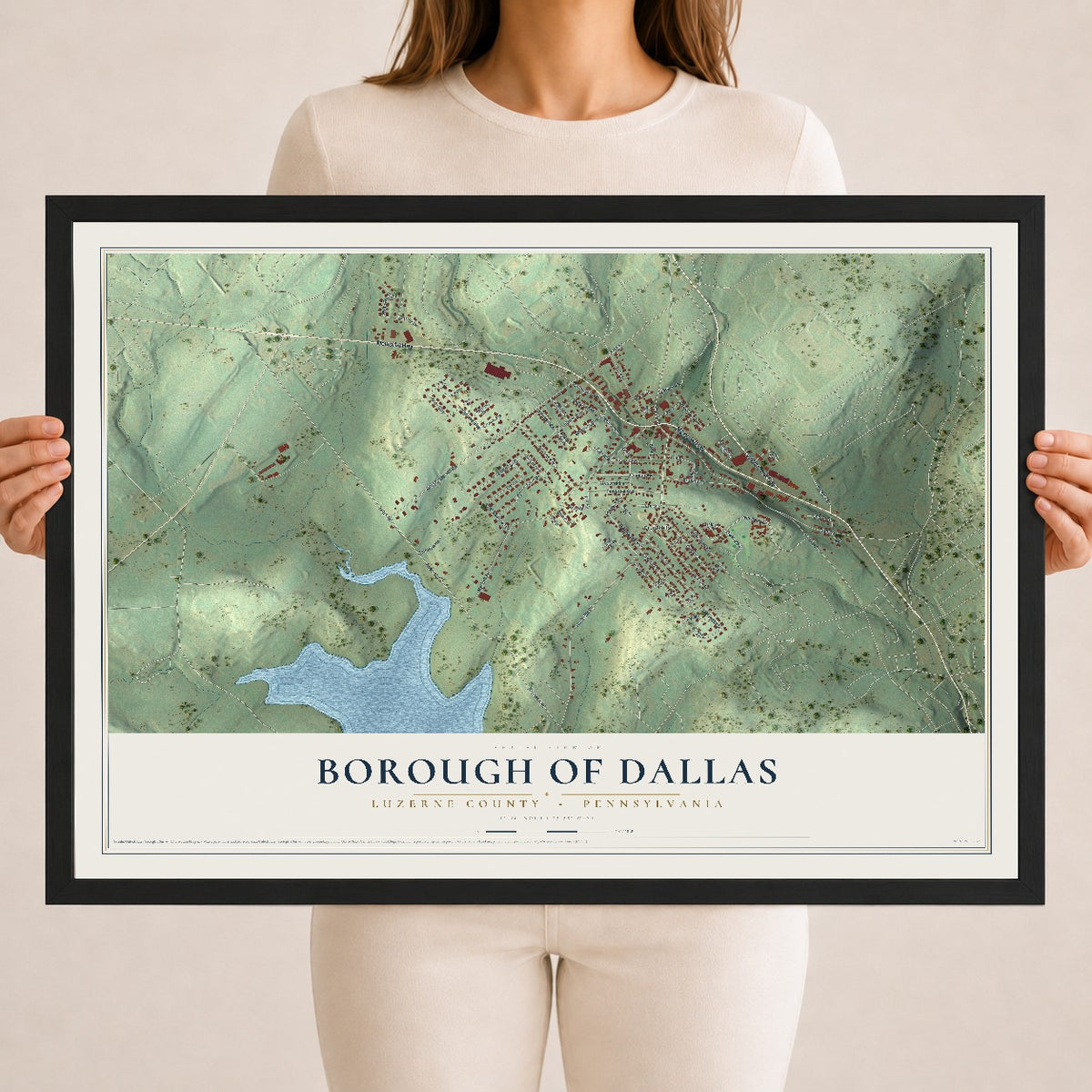 Map of the Borough of Dallas, Luzerne County, Pennsylvania, 18 x 24 inch print in a black wood frame