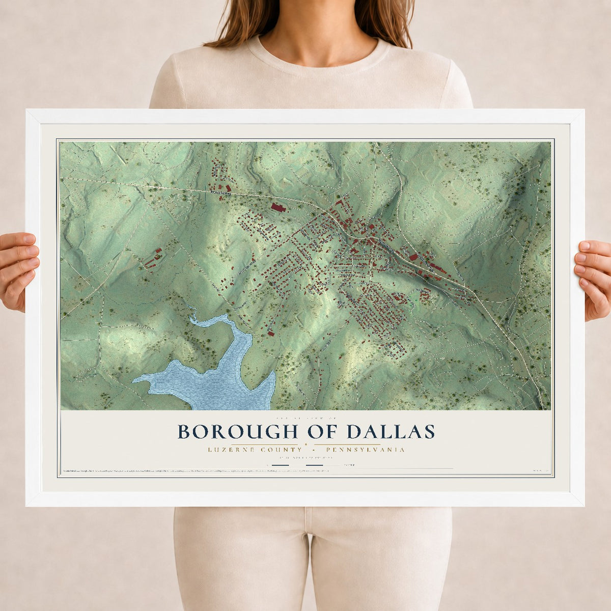 Map of the Borough of Dallas, Luzerne County, Pennsylvania, 18 x 24 inch print in a white wood frame