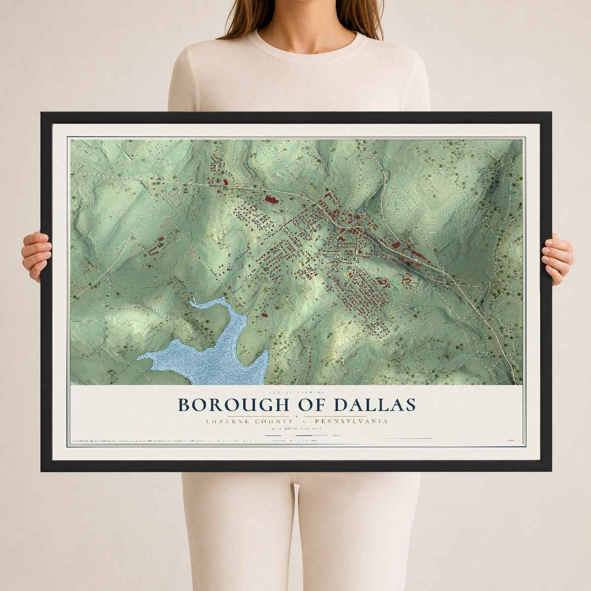 Map of the Borough of Dallas, Luzerne County, Pennsylvania, 24 x 36 inch print in a black wood frame