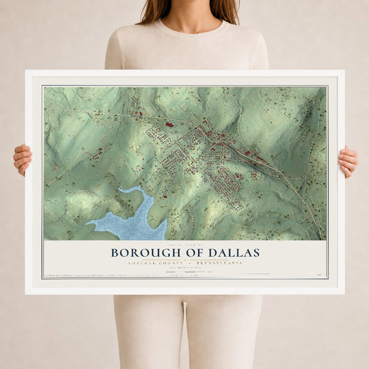 Map of the Borough of Dallas, Luzerne County, Pennsylvania, 24 x 36 inch print in a white wood frame