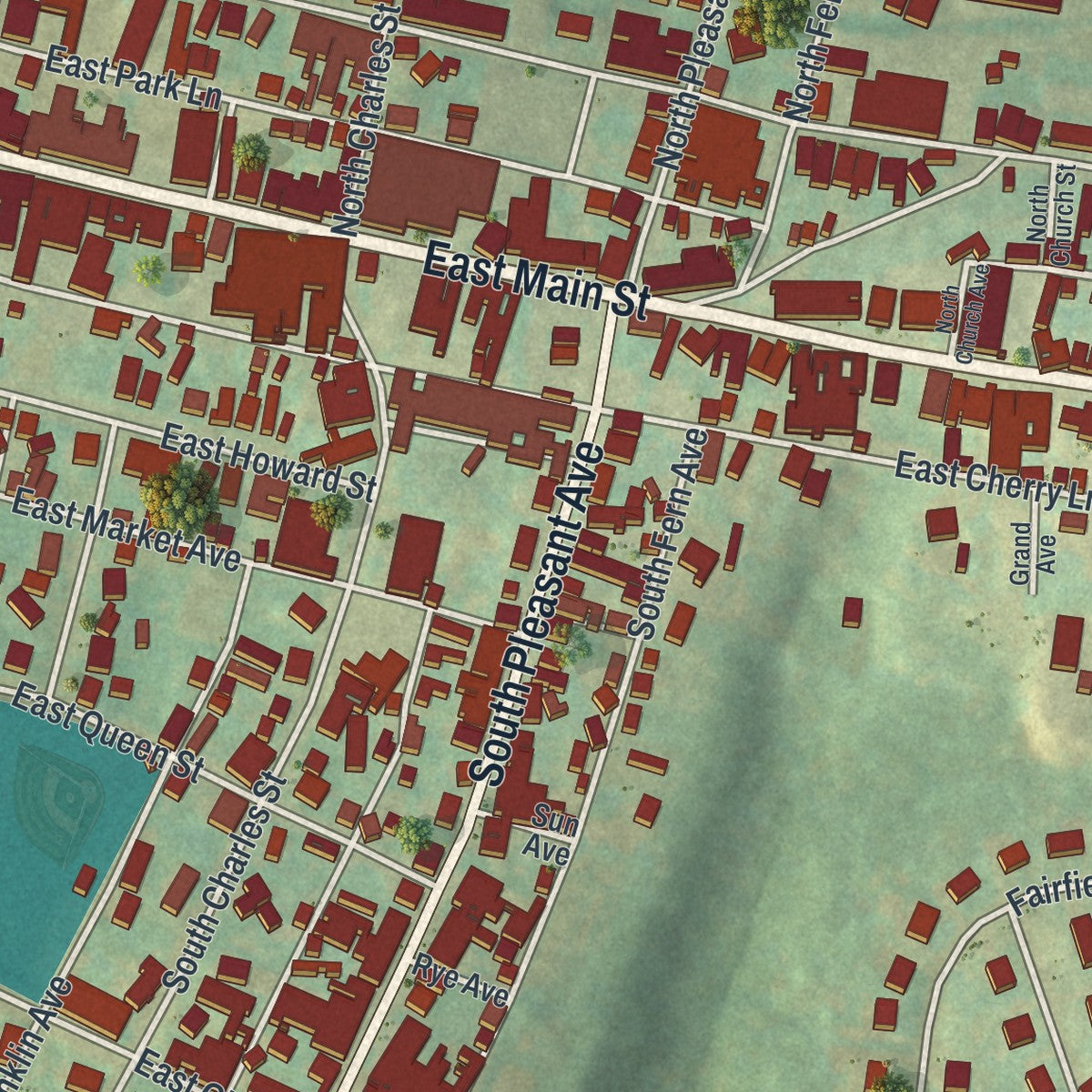 Close-up of the map of Dallastown, Pennsylvania print showing street and building detail