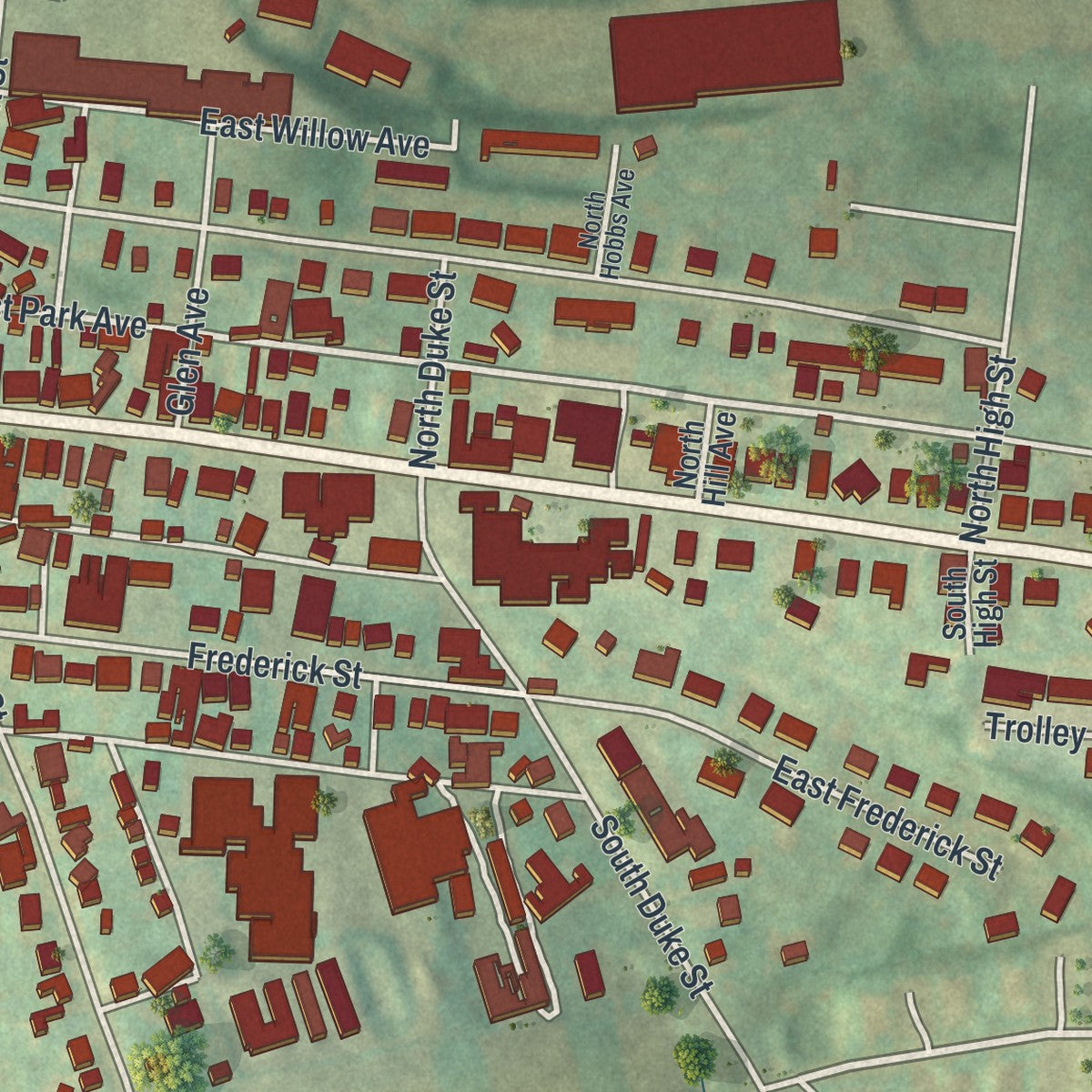 Second close-up of the map of Dallastown, Pennsylvania print showing more streets and buildings
