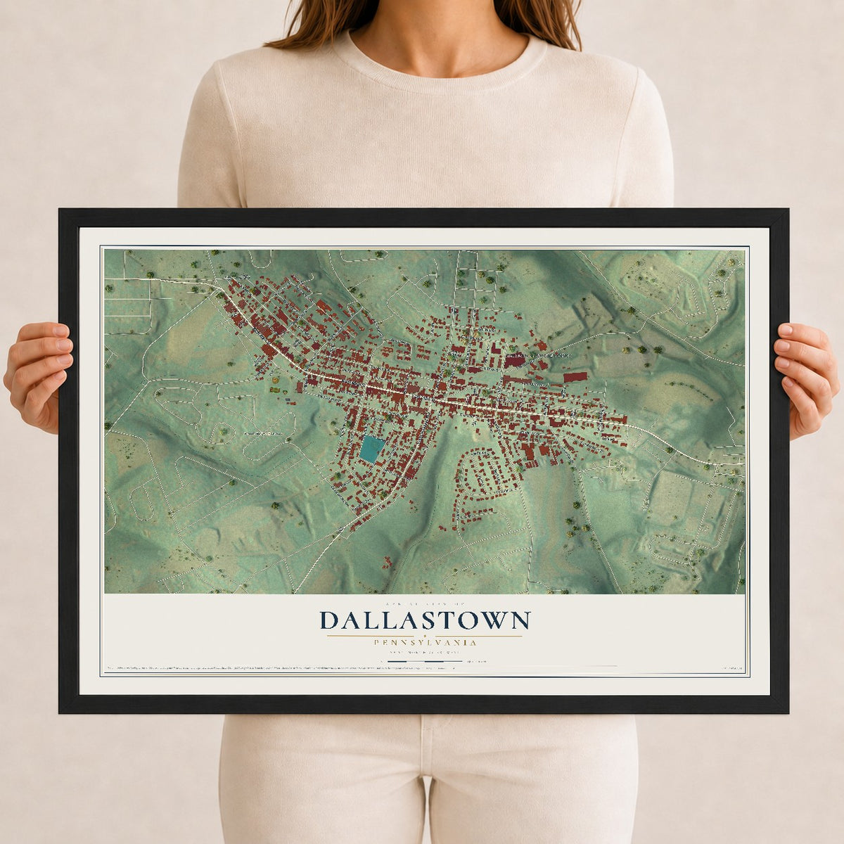 Map of Dallastown, Pennsylvania, 12 x 18 inch print in a black wood frame