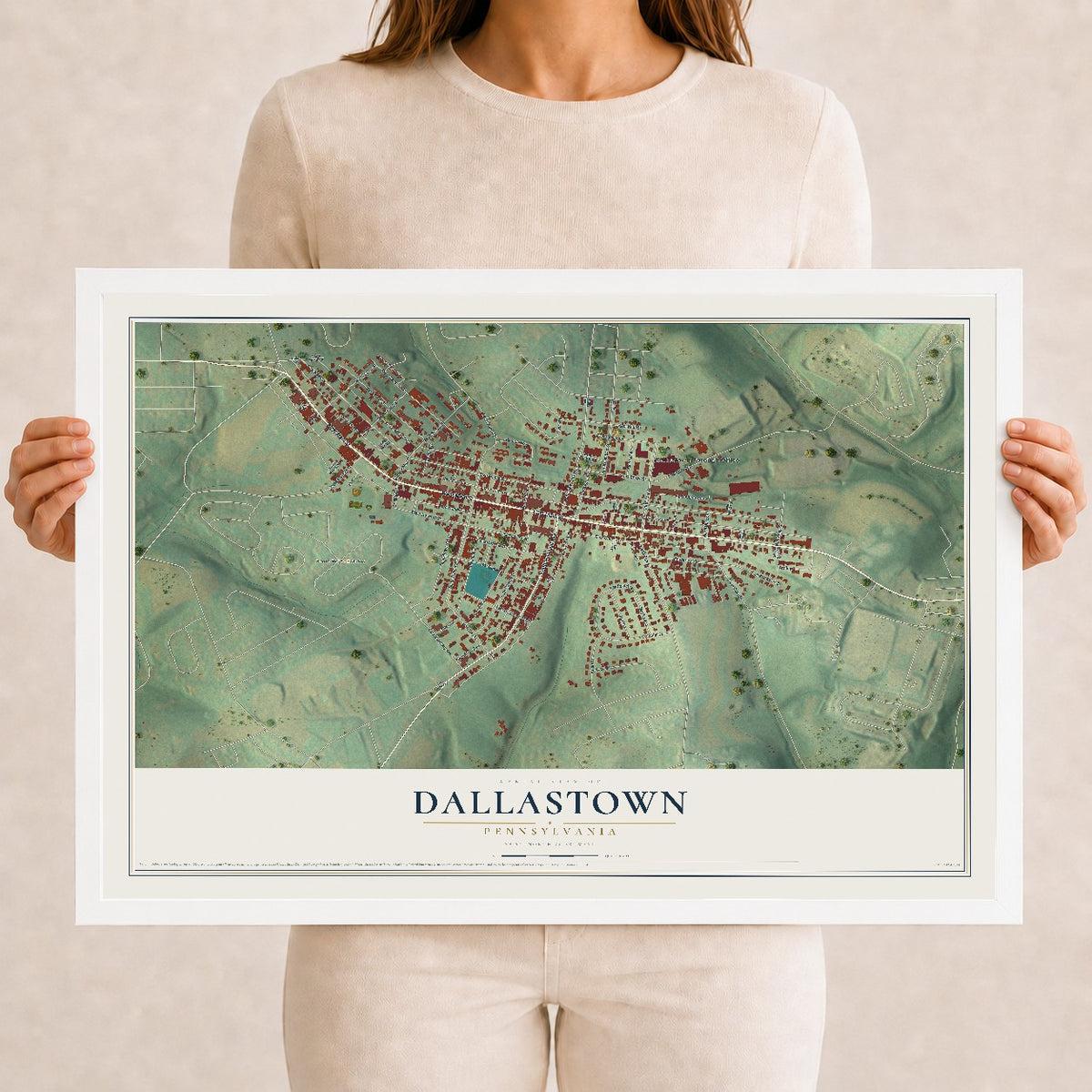 Map of Dallastown, Pennsylvania, 12 x 18 inch print in a white wood frame