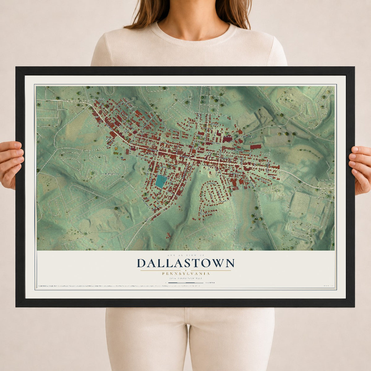 Map of Dallastown, Pennsylvania, 18 x 24 inch print in a black wood frame