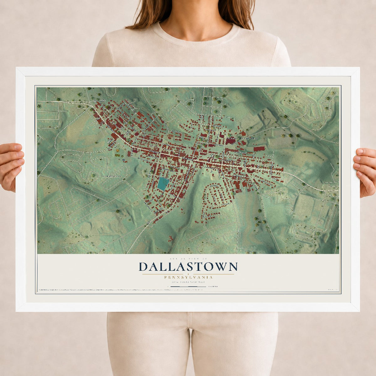 Map of Dallastown, Pennsylvania, 18 x 24 inch print in a white wood frame