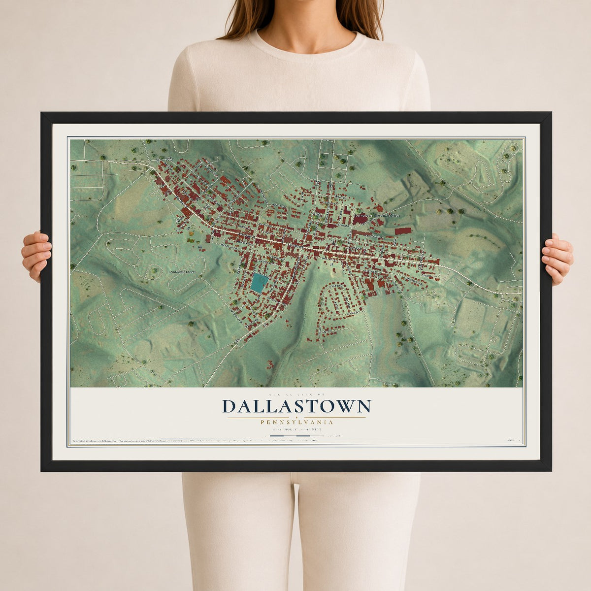 Map of Dallastown, Pennsylvania, 24 x 36 inch print in a black wood frame
