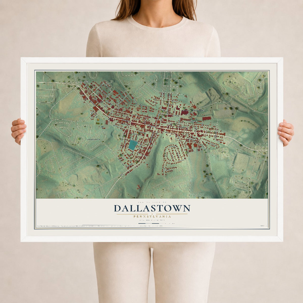 Map of Dallastown, Pennsylvania, 24 x 36 inch print in a white wood frame
