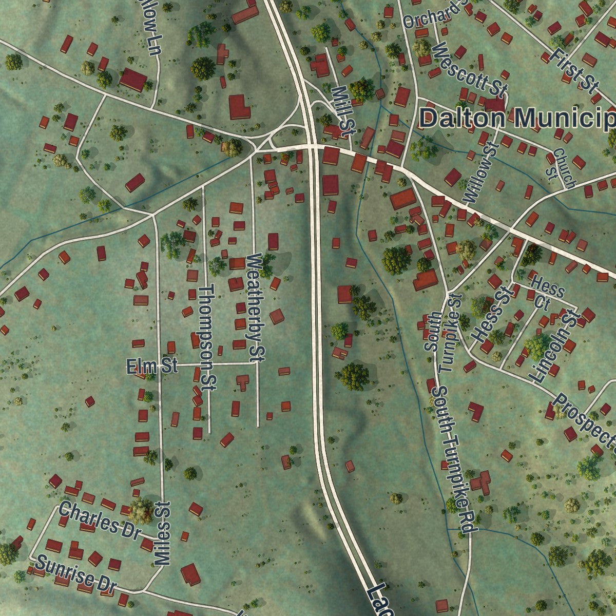 Close-up of the map of Dalton, Pennsylvania print showing street and building detail