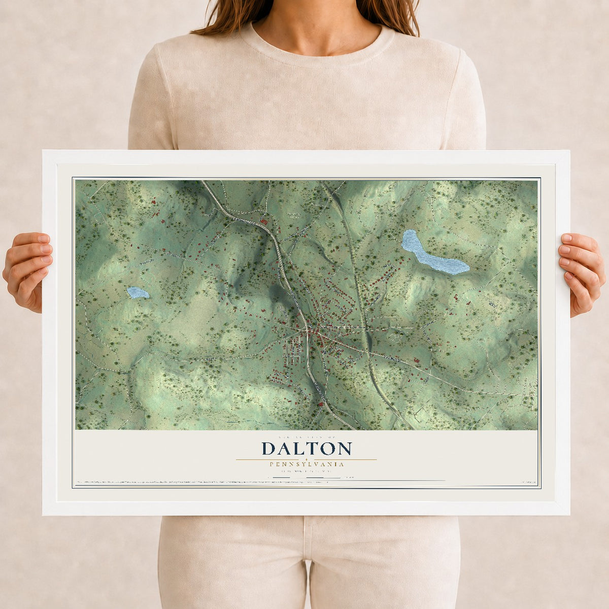 Map of Dalton, Pennsylvania, 12 x 18 inch print in a white wood frame