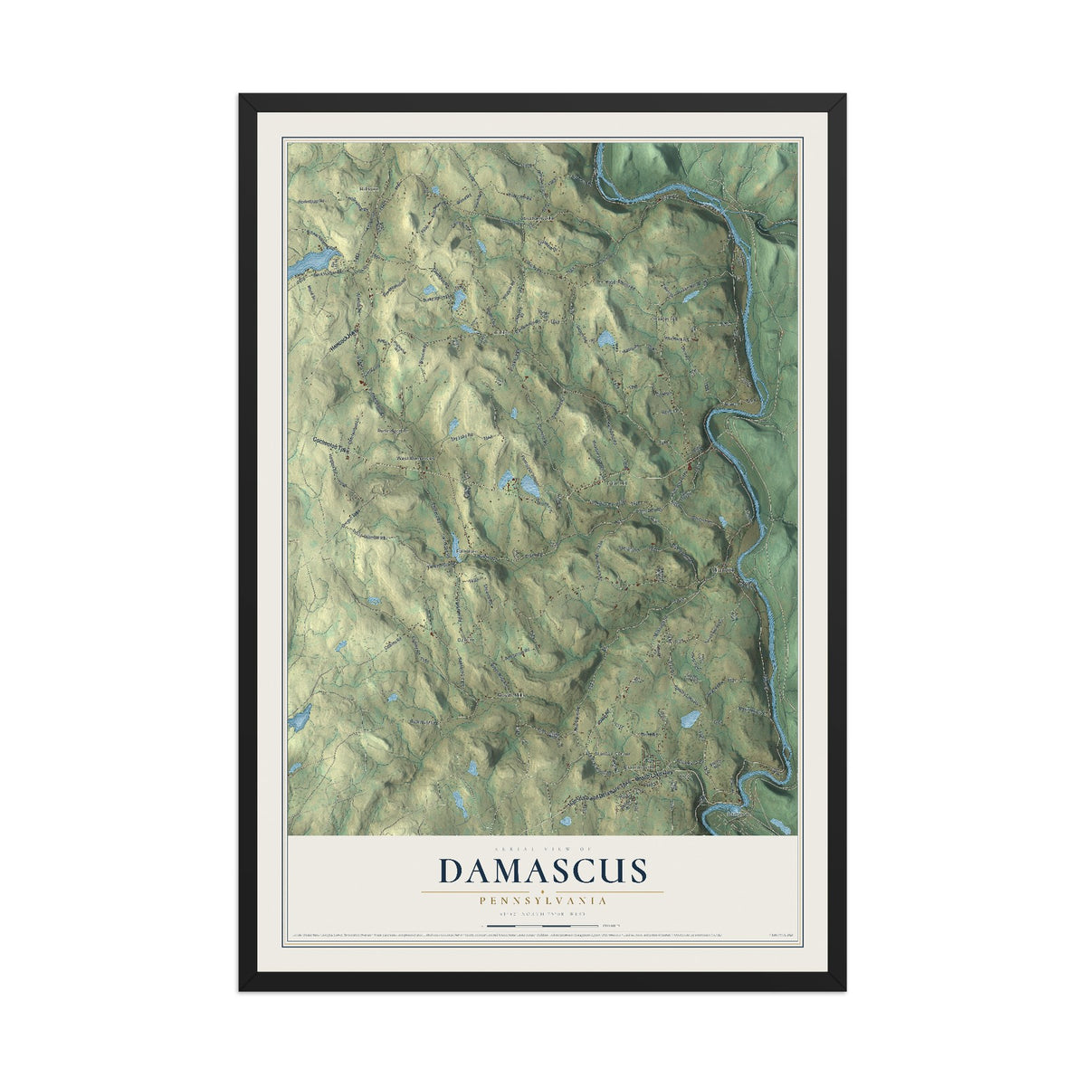 Map of Damascus, Pennsylvania, 12 x 18 inch print in a black wood frame