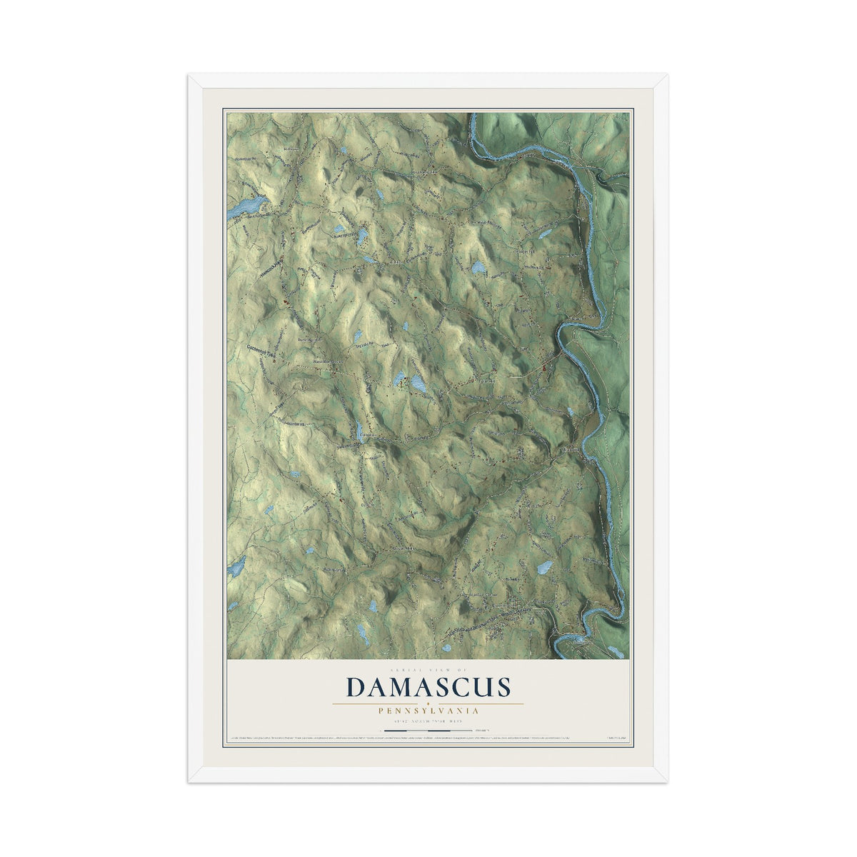 Map of Damascus, Pennsylvania, 12 x 18 inch print in a white wood frame