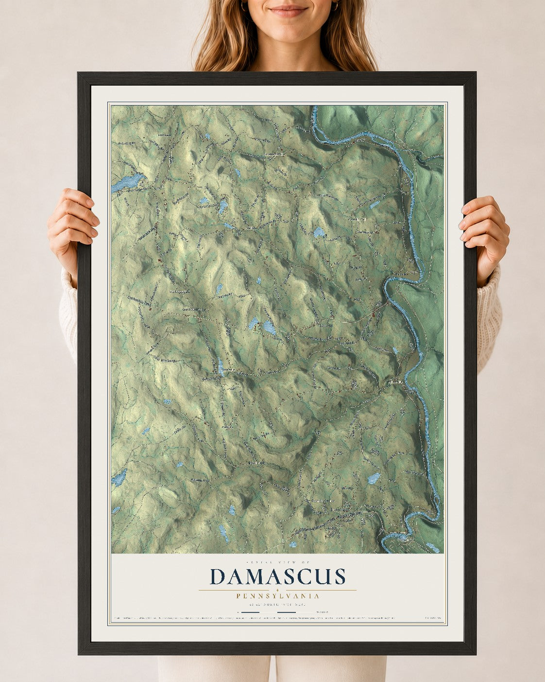Map of Damascus, Pennsylvania, 24 x 36 inch print in a black wood frame