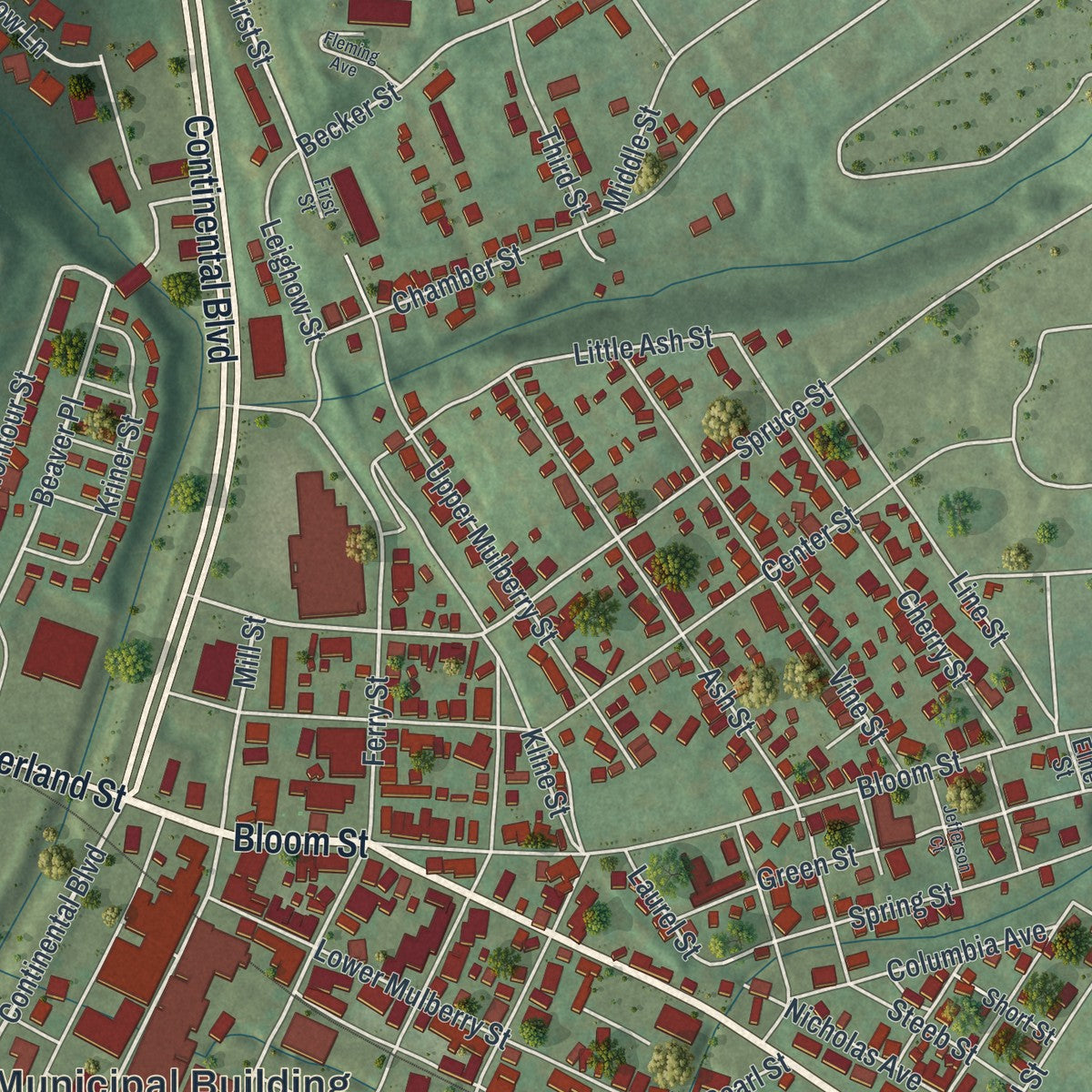 Close-up of the map of Danville, Pennsylvania print showing street and building detail